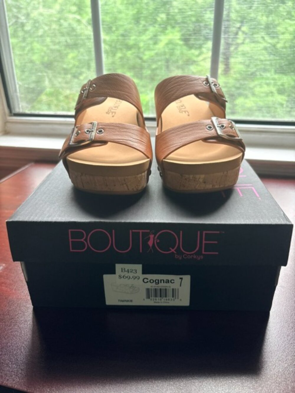 Boutique by Corkys Cognac Double Strap Cork Wedge Sandals – Women’s Size 7 - Picture 2 of 4